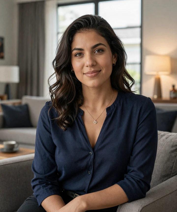 Valeria relaxing in a modern living room, showing the warm everyday style featured on the Latidate Latin dating site